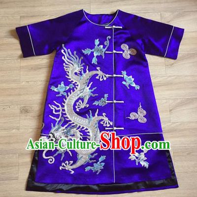China Women National Clothing Tang Suit Cheongsam Clothing Embroidered Dragons Royalblue Silk Qipao Dress