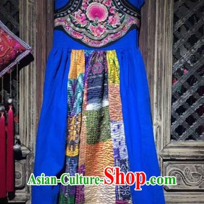 China Embroidered Blue Flax Qipao Costume Tang Suit Sleeveless Dress Yunnan Women Clothing
