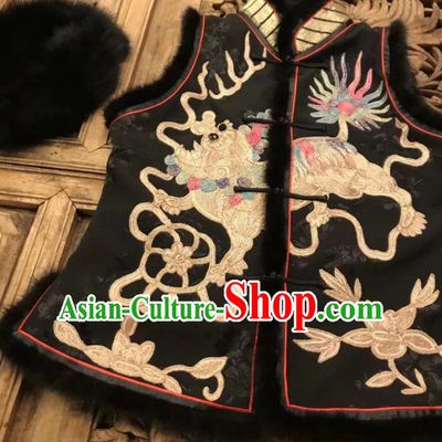 China Women Black Silk Waistcoat National Clothing Tang Suit Costume Embroidery Lion Vest