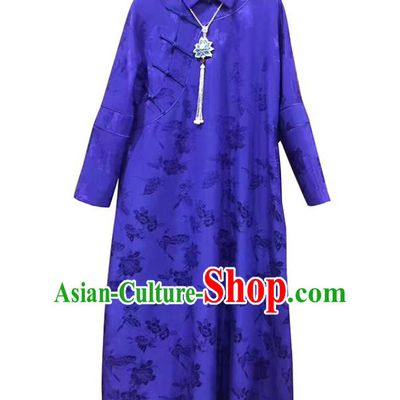China Deep Blue Silk Qipao Dress Costume Tang Suit Women Clothing Classical Rose Pattern Cheongsam