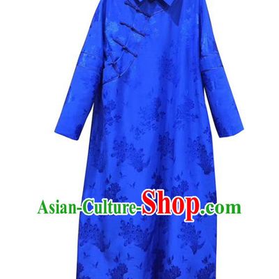 China Tang Suit Women Clothing Classical Rose Pattern Cheongsam Royalblue Silk Qipao Dress Costume