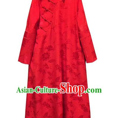 China Classical Rose Pattern Cheongsam Red Silk Qipao Dress Costume Tang Suit Women Clothing