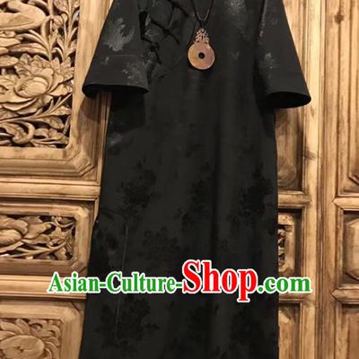 China Classical Peony Butterfly Pattern Black Silk Cheongsam Costume Tang Suit Women Clothing Qipao Dress