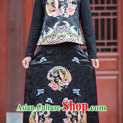 China Women Black Silk Waistcoat and Skirt National Clothing Tang Suit Costumes Embroidery Phoenix Outfits