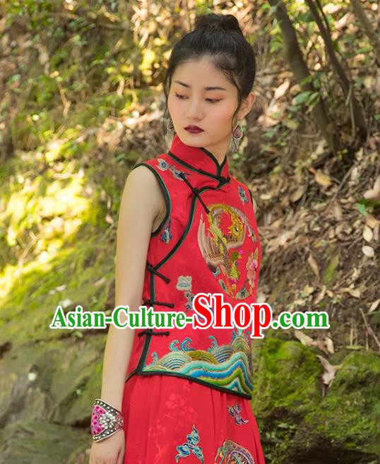 China Embroidery Phoenix Vest National Clothing Tang Suit Costumes Women Red Brocade Waistcoat