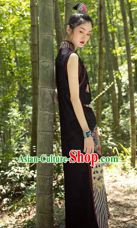 China Black Silk Qipao Dress Costume Tang Suit Women Clothing Classical Phoenix Pattern Cheongsam China Black Silk Qipao Dress Costume Tang Suit Women Clothing Classical Phoenix Pattern Cheongsam