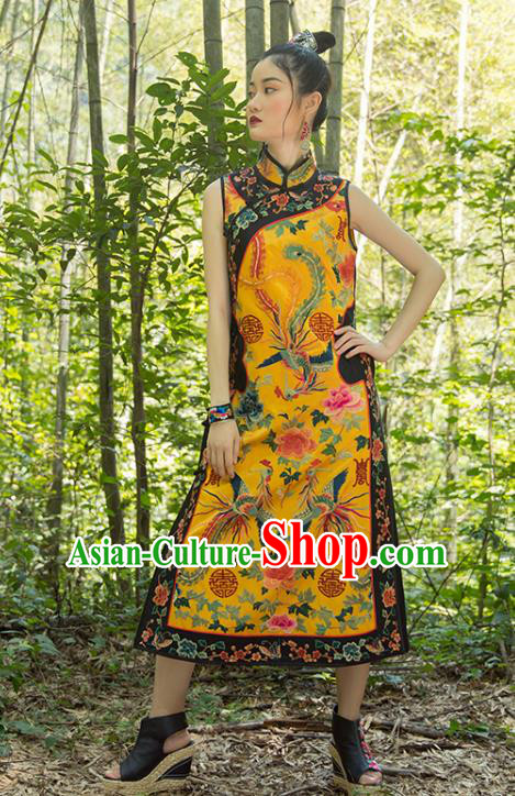 China Tang Suit Classical Phoenix Pattern Cheongsam Yellow Silk Qipao Dress Costume Women Clothing China Tang Suit Classical Phoenix Pattern Cheongsam Yellow Silk Qipao Dress Costume Women Clothing