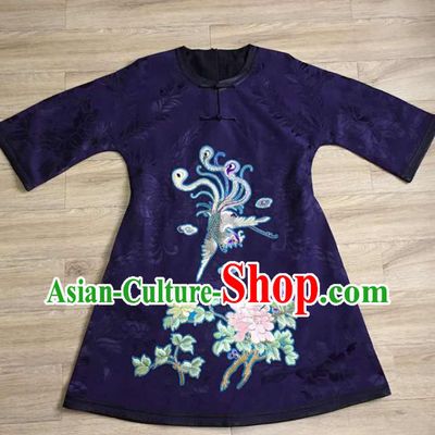 Chinese Embroidered Phoenix Peony Blue Silk Jacket Tang Suit Upper Outer Garment Coat Apparels National Costume