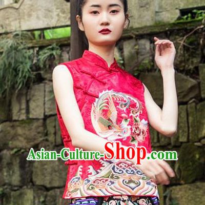China National Clothing Rosy Brocade Shirt Tang Suit Embroidery Phoenix Peony Blouse for Women