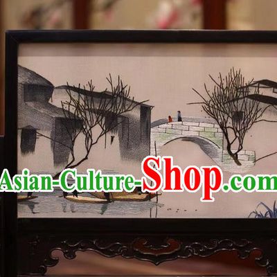 China Embroidered Table Screen Hand Suzhou Embroidery Craft Traditional Autumnal Scenery Painting Desk Wood Screen