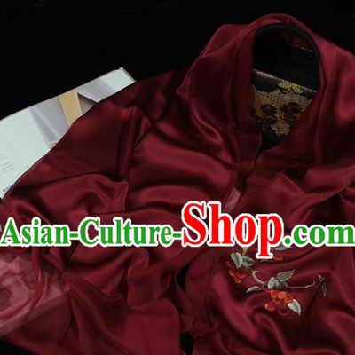 China Wine Red Silk Tippet Suzhou Embroidery Craft Traditional Silk Scarf Embroidered Mother Cappa