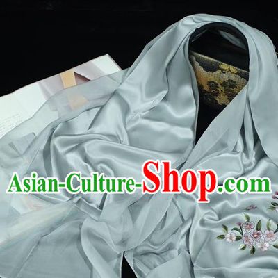 China Traditional Embroidered Light Grey Silk Tippet Suzhou Embroidery Sakura Scarf Mother Cappa