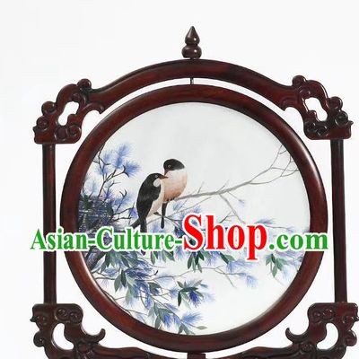 China Handmade Suzhou Embroidery Desk Screen Traditional Wood Carving Table Screen Embroidered Craft