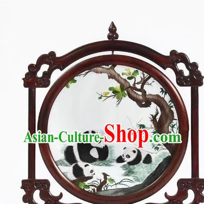 China Rosewood Table Decoration Suzhou Embroidery Panda Painting Desk Screen Handmade Artware