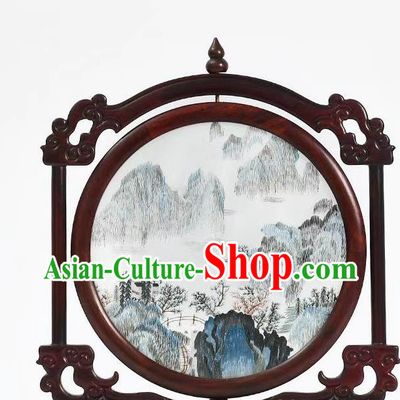 China Embroidery Landscape Painting Desk Screen Handmade Table Decoration Suzhou Embroidered Rosewood Artware