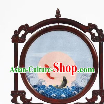 China Embroidered Painting Desk Screen Suzhou Rosewood Artware Handmade Embroidery Carp Table Decoration
