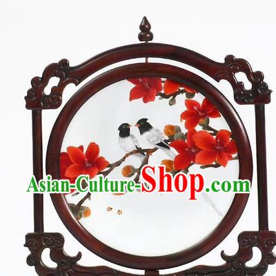 China Red Flowers Desk Screen Rosewood Artware Handmade Suzhou Embroidered Painting Craft Embroidery Table Decoration