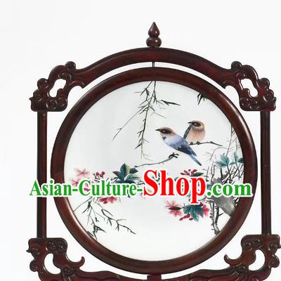 China Rosewood Artware Handmade Suzhou Embroidered Painting Craft Embroidery Table Decoration Flowers Birds Desk Screen