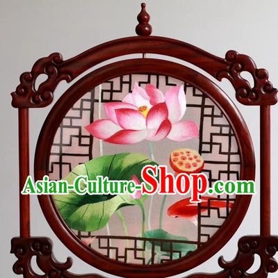 China Rosewood Desk Screen Embroidery Table Decoration Handmade Suzhou Embroidered Lotus Painting Craft