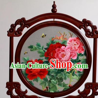 China Handmade Table Ornament Embroidery Peony Flowers Rosewood Desk Screen Suzhou Embroidered Craft