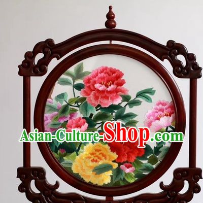China Embroidery Craft Handmade Table Ornament Suzhou Embroidered Peony Rosewood Desk Screen
