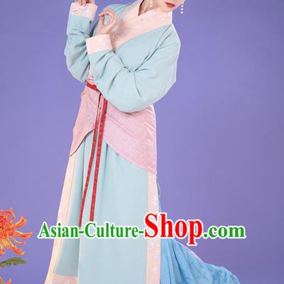 China Ancient Song Dynasty Apparels Country Woman Clothing Blue Hanfu Dress Complete Set