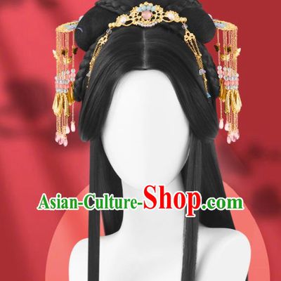 Chinese Ming Dynasty Imperial Empress Wigs Quality Wigs China Best Chignon Wig Ancient Queen Wig Sheath and Tassel Hairpins