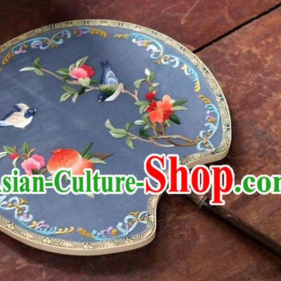 China Classical Dance Blue Silk Fans Ancient Black Bamboo Fan Suzhou Embroidery Pomegranate Double Side Fan Palace Fan