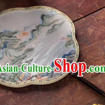 China Suzhou Embroidery Landscape Fan Ancient Black Bamboo Fan Palace Fan Classical Dance Double Side Silk Fans