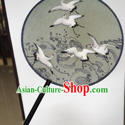 China Classical Dance Double Side Black Silk Fans Wedding Fan Suzhou Embroidery Cranes Fan Ancient Palace Fan