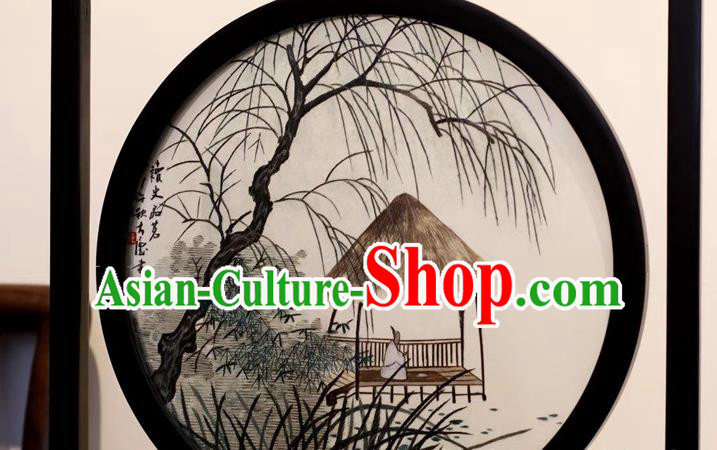 China Traditional Handmade Table Ornament Embroidery Craft Suzhou Embroidered Village Scene Rosewood Desk Screen