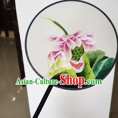 China Suzhou Double Side Fans Ancient Princess Palace Fan Embroidery Lotus Silk Fan Handmade Round Fan