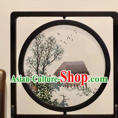 China Traditional Handmade Table Ornament Suzhou Embroidered Village Scene Desk Screen Embroidery Rosewood Craft