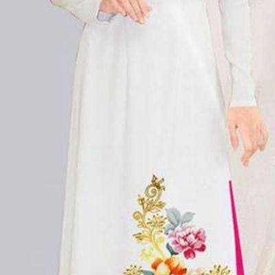 Asian Vietnam Traditional Costumes Vietnamese Classical Aodai Qipao Dress Printing Flowers White Cheongsam and Pants for Women