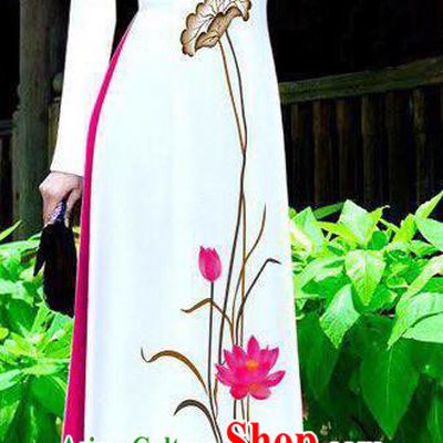 Asian Vietnam Ao Dai Qipao Traditional Vietnamese Cheongsam Costumes Classical Hand Painting Lotus Dress and Rosy Pants for Women