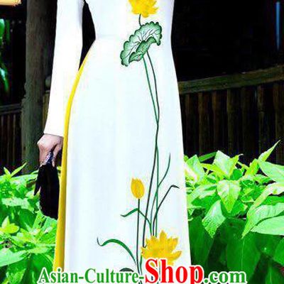 Asian Vietnam Ao Dai Qipao Traditional Vietnamese Cheongsam Costumes Classical Hand Painting Lotus Dress and Yellow Pants for Women