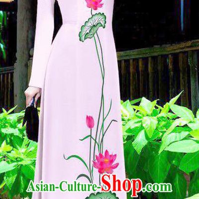 Asian Vietnam Ao Dai Qipao Traditional Vietnamese Cheongsam Costumes Classical Hand Painting Lotus Pink Dress and Pants for Women