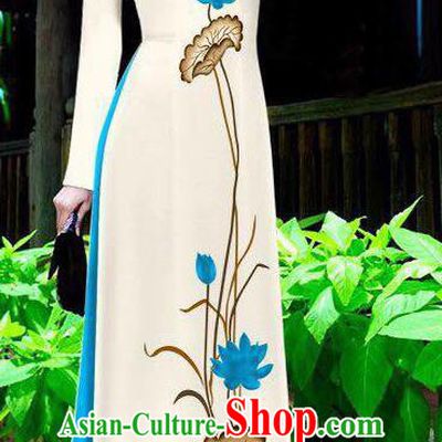 Asian Vietnam Ao Dai Qipao Traditional Vietnamese Cheongsam Costumes Classical Hand Painting Lotus Dress and Blue Pants for Women