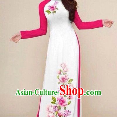 Asian Vietnam Printing Flowers Ao Dai Qipao Traditional Vietnamese Cheongsam Costumes Classical White Dress and Pants for Women