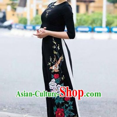 Asian Vietnam Printing Peony Birds Ao Dai Qipao Traditional Vietnamese Cheongsam Costumes Classical Black Dress and Pants for Women