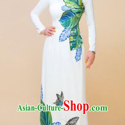 Asian Vietnam Printing Butterfly Ao Dai Qipao Traditional Vietnamese Cheongsam Costumes Classical White Dress and Pants for Women