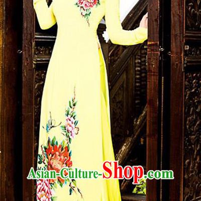 Asian Vietnam Printing Peony Ao Dai Qipao Traditional Vietnamese Cheongsam Costumes Classical Yellow Dress and Pants for Women