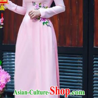 Asian Vietnam Printing Roses Ao Dai Qipao Traditional Vietnamese Cheongsam Costumes Classical Pink Dress and Pants for Women