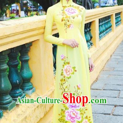 Asian Vietnam Ao Dai Qipao Traditional Vietnamese Cheongsam Costumes Classical Hand Painting Peony Yellow Dress and Pants for Women