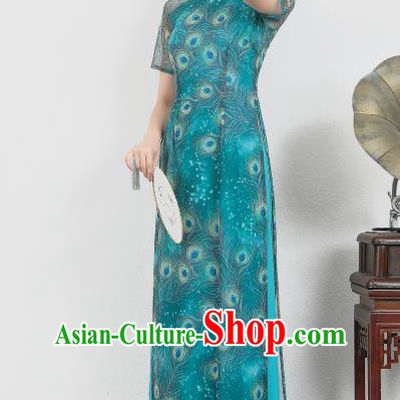 Asian Vietnam Classical Peacock Pattern Ao Dai Qipao Traditional Vietnamese Cheongsam Costumes Blue Dress and Loose Pants for Women