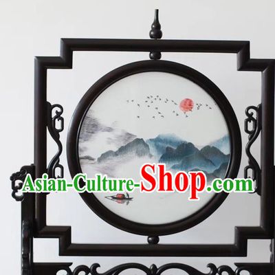 China Suzhou Embroidered Byobu Traditional Embroidery Ornaments Craft Handmade Screen Sunset Glow Painting Desk Screen