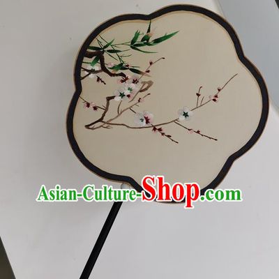 China Ancient Court Lady Fans Traditional Handmade Embroidered Palace Fan Double Side Fan Embroidery Plum Bamboo Silk Fan
