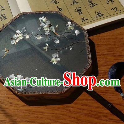 China Embroidery Pear Blossom Double Side Fan Ancient Court Lady Fans Handmade Traditional Embroidered Black Silk Palace Fan