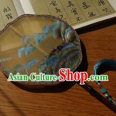 China Handmade Traditional Embroidered Ginger Silk Palace Fan Embroidery Landscape Double Side Fan Ancient Court Lady Fans