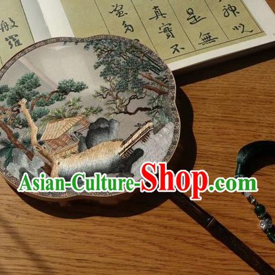 China Ancient Court Lady Fans Handmade Traditional Embroidered Ginger Silk Palace Fan Embroidery Pine Double Side Fan